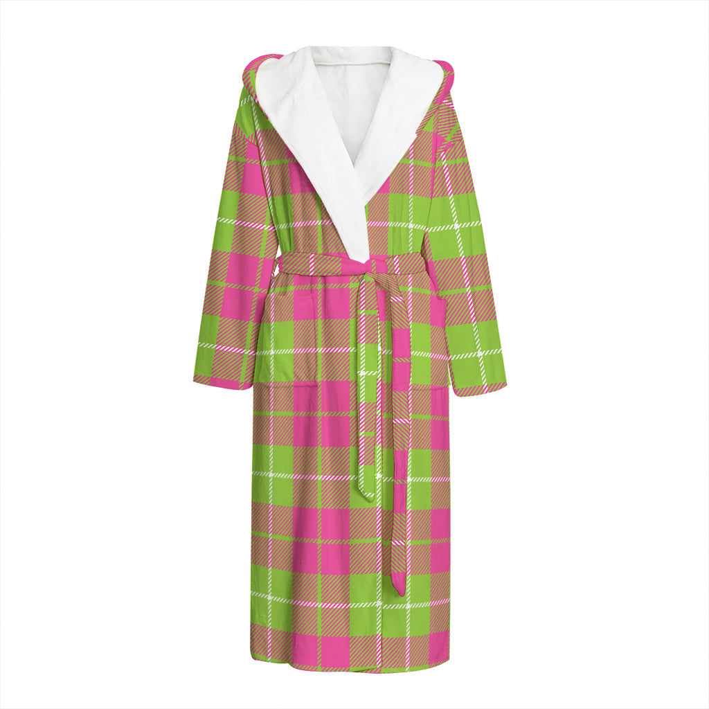 Pink Green And White Tartan Print Hooded Bathrobe