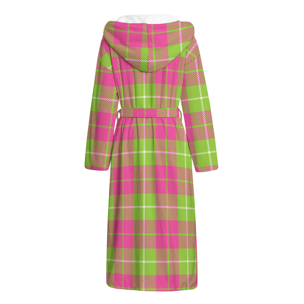 Pink Green And White Tartan Print Hooded Bathrobe
