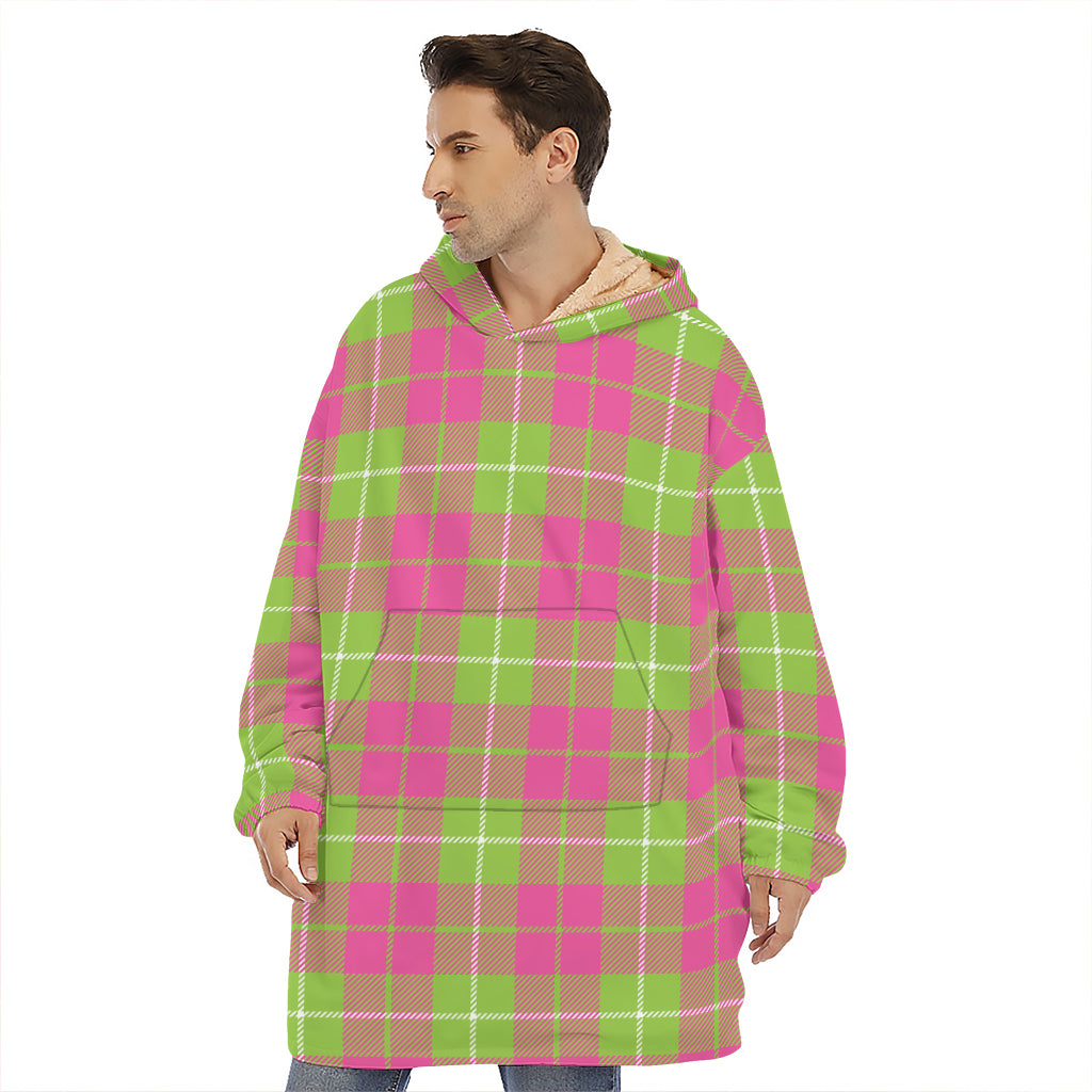 Pink Green And White Tartan Print Hoodie Blanket