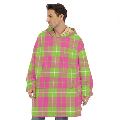 Pink Green And White Tartan Print Hoodie Blanket