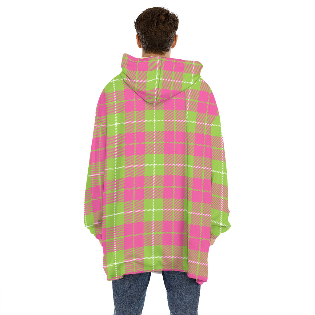 Pink Green And White Tartan Print Hoodie Blanket