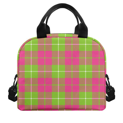 Pink Green And White Tartan Print Insulated Lunch Bag