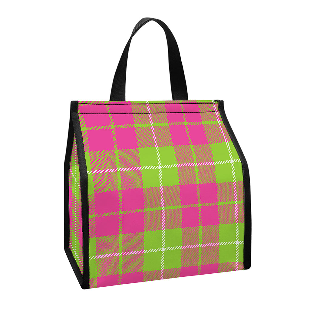 Pink Green And White Tartan Print Insulated Lunch Tote