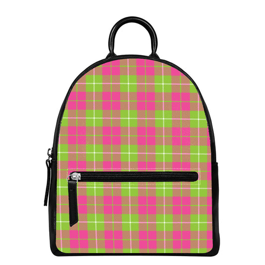 Pink Green And White Tartan Print Leather Backpack