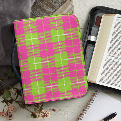 Pink Green And White Tartan Print Leather Bible Cover