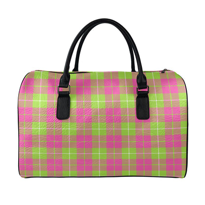 Pink Green And White Tartan Print Leather Duffle Bag
