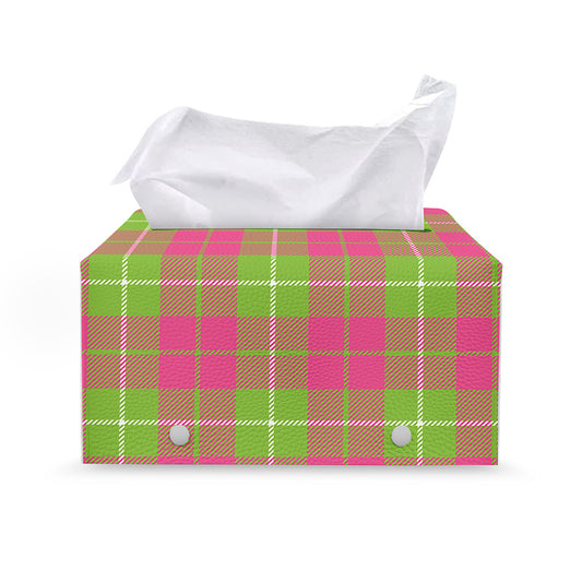 Pink Green And White Tartan Print Leather Tissue Box Cover