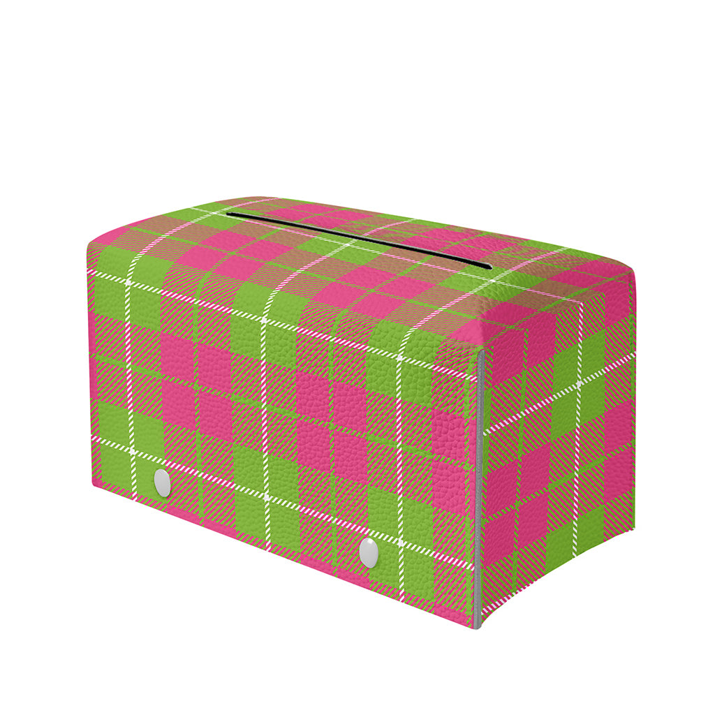 Pink Green And White Tartan Print Leather Tissue Box Cover