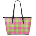 Pink Green And White Tartan Print Leather Tote Bag With Zipper