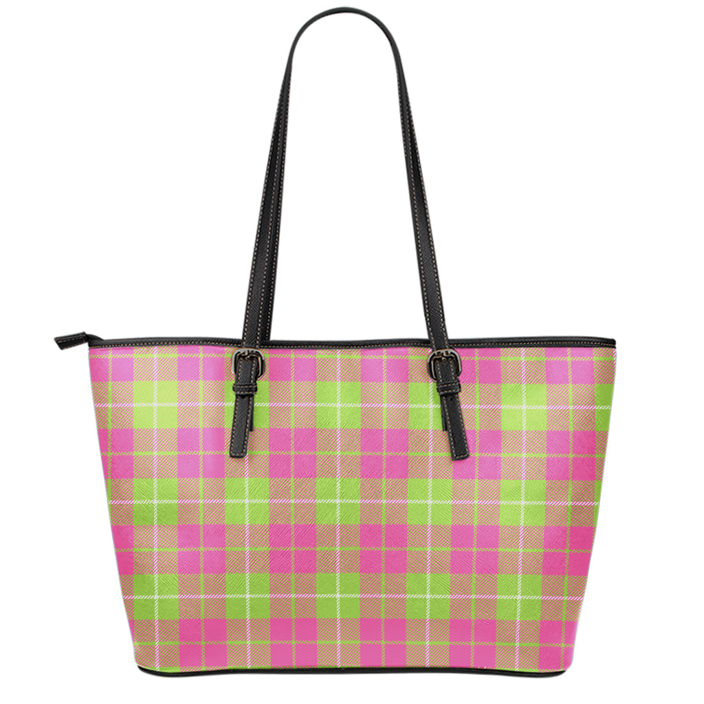 Pink Green And White Tartan Print Leather Tote Bag