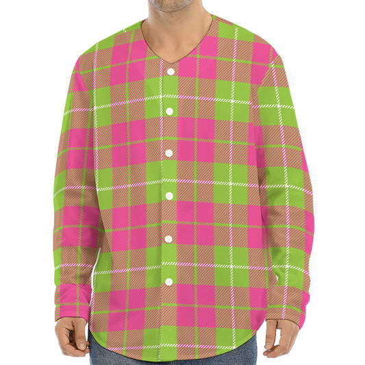 Pink Green And White Tartan Print Long Sleeve Baseball Jersey