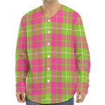 Pink Green And White Tartan Print Long Sleeve Baseball Jersey