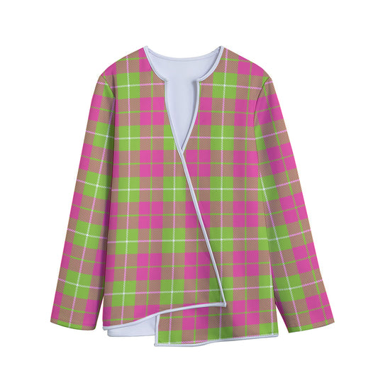 Pink Green And White Tartan Print Long Sleeve Short Coat