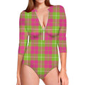 Pink Green And White Tartan Print Long Sleeve Swimsuit