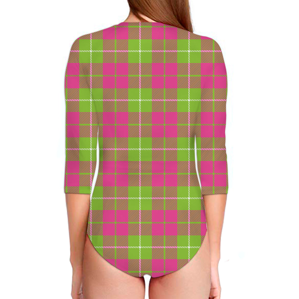 Pink Green And White Tartan Print Long Sleeve Swimsuit
