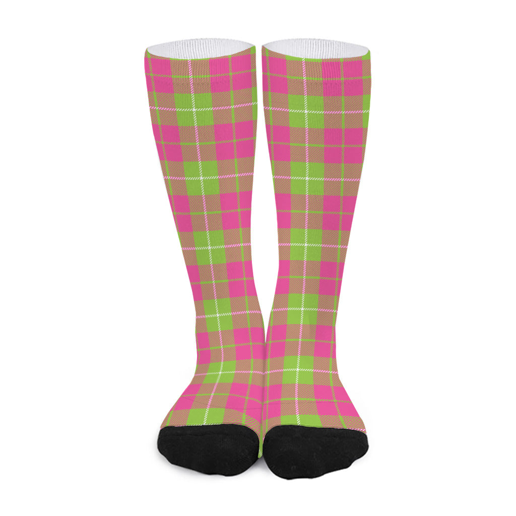 Pink Green And White Tartan Print Long Socks
