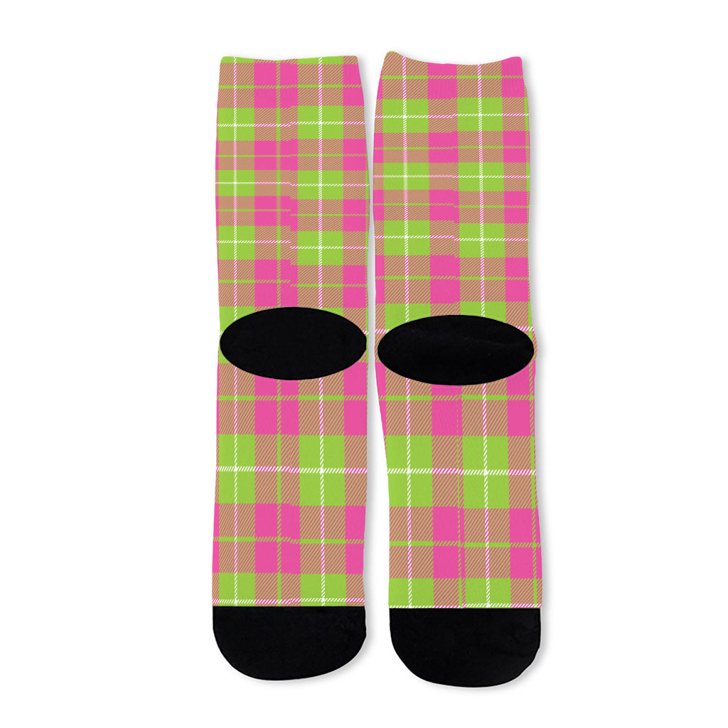 Pink Green And White Tartan Print Long Socks