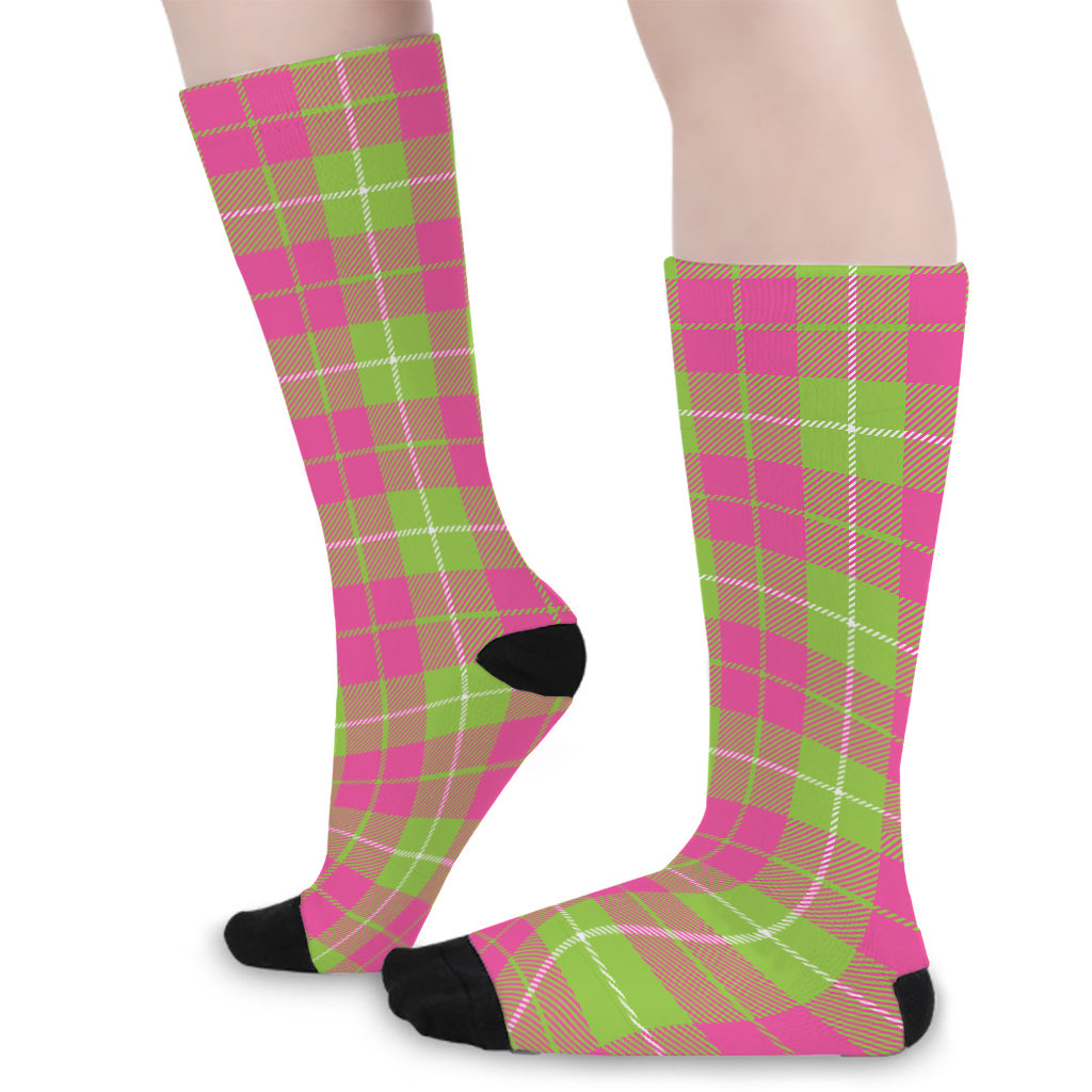 Pink Green And White Tartan Print Long Socks