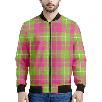 Pink Green And White Tartan Print Men's Bomber Jacket