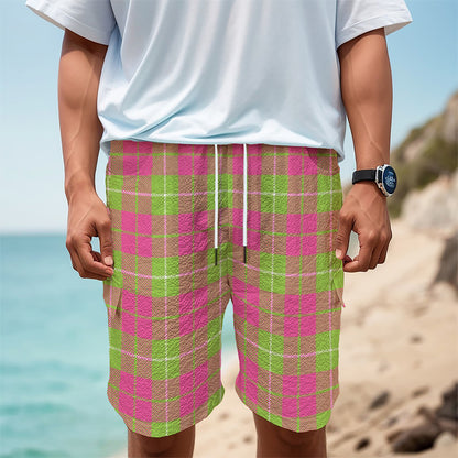 Pink Green And White Tartan Print Men's Cargo Shorts