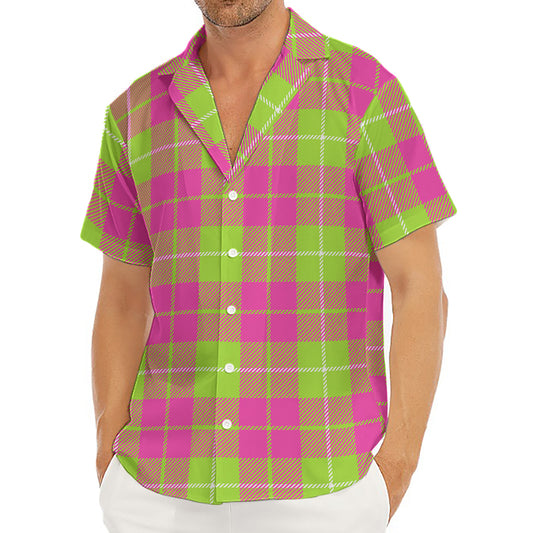 Pink Green And White Tartan Print Men's Deep V-Neck Shirt