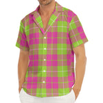 Pink Green And White Tartan Print Men's Deep V-Neck Shirt