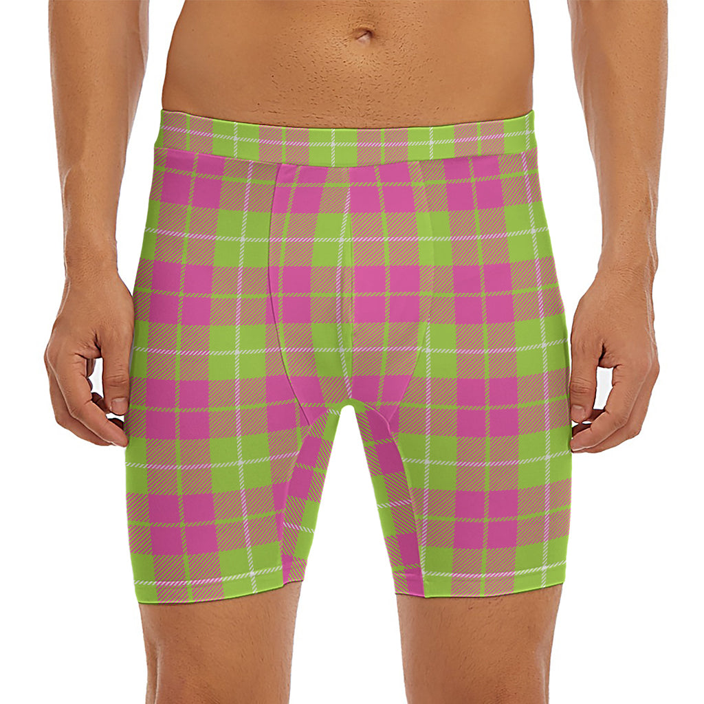Pink Green And White Tartan Print Men's Long Boxer Briefs
