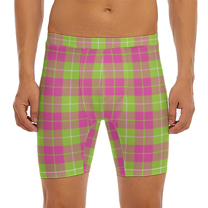Pink Green And White Tartan Print Men's Long Boxer Briefs