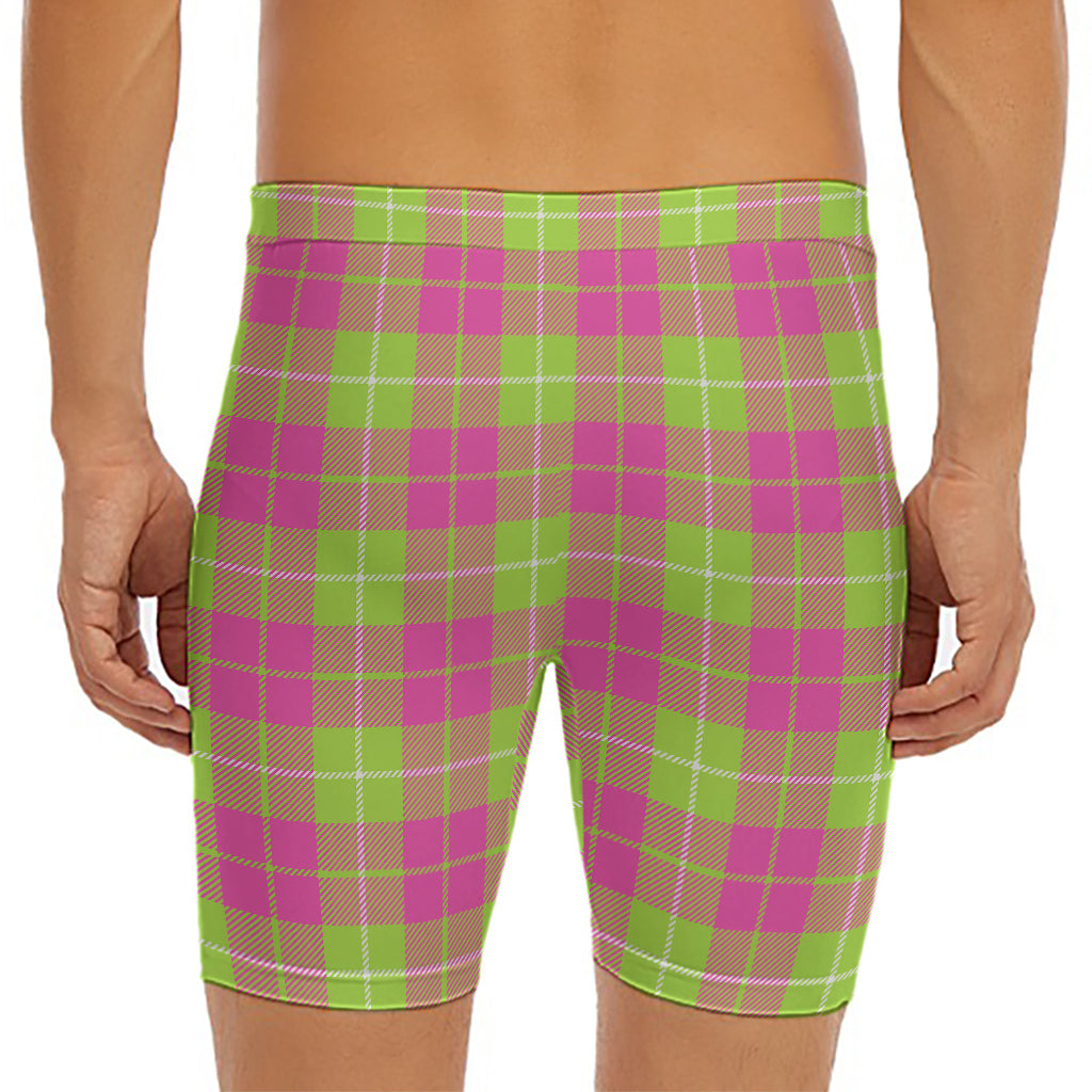 Pink Green And White Tartan Print Men's Long Boxer Briefs