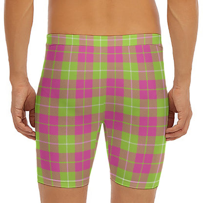 Pink Green And White Tartan Print Men's Long Boxer Briefs