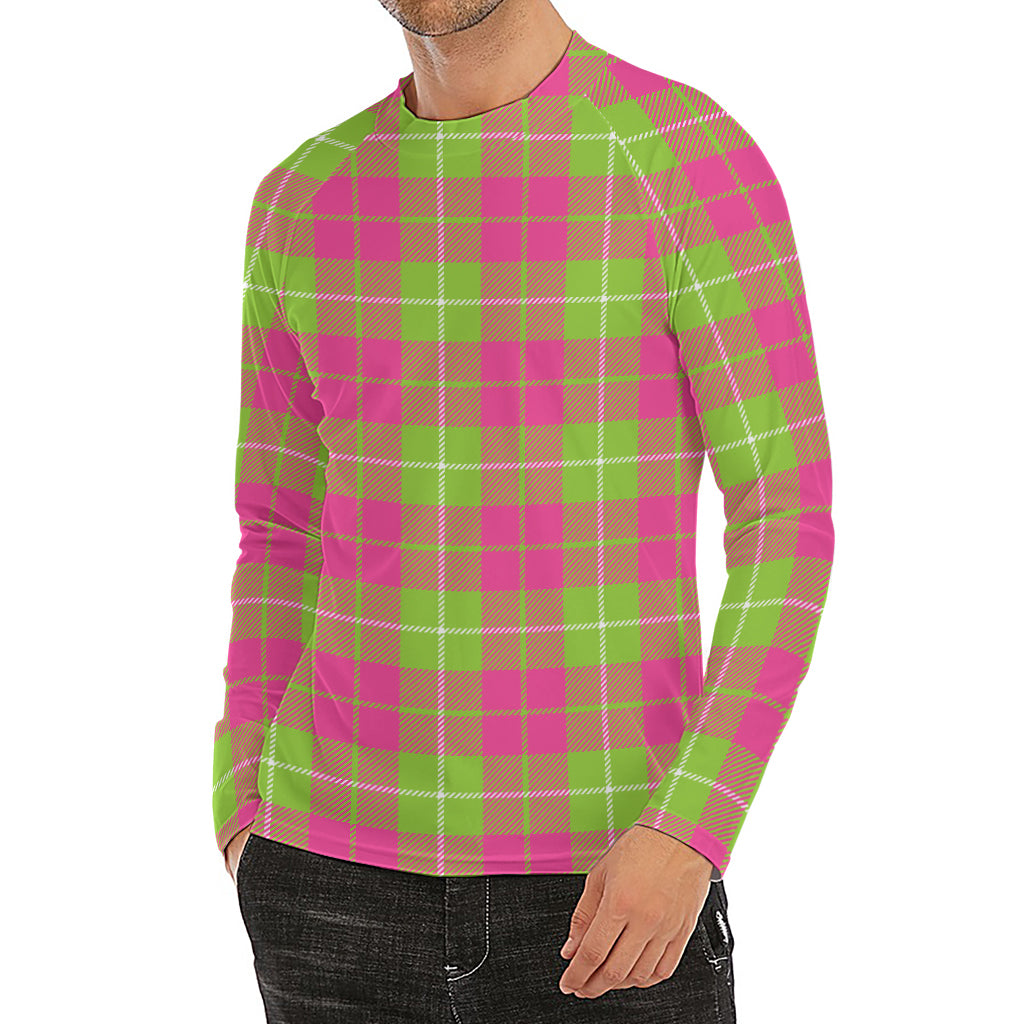 Pink Green And White Tartan Print Men's Long Sleeve Rash Guard