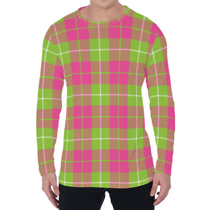 Pink Green And White Tartan Print Men's Long Sleeve T-Shirt