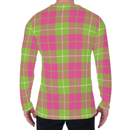 Pink Green And White Tartan Print Men's Long Sleeve T-Shirt