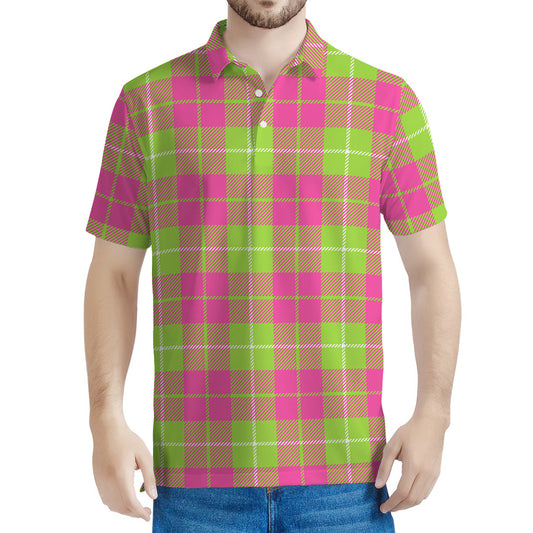 Pink Green And White Tartan Print Men's Polo Shirt