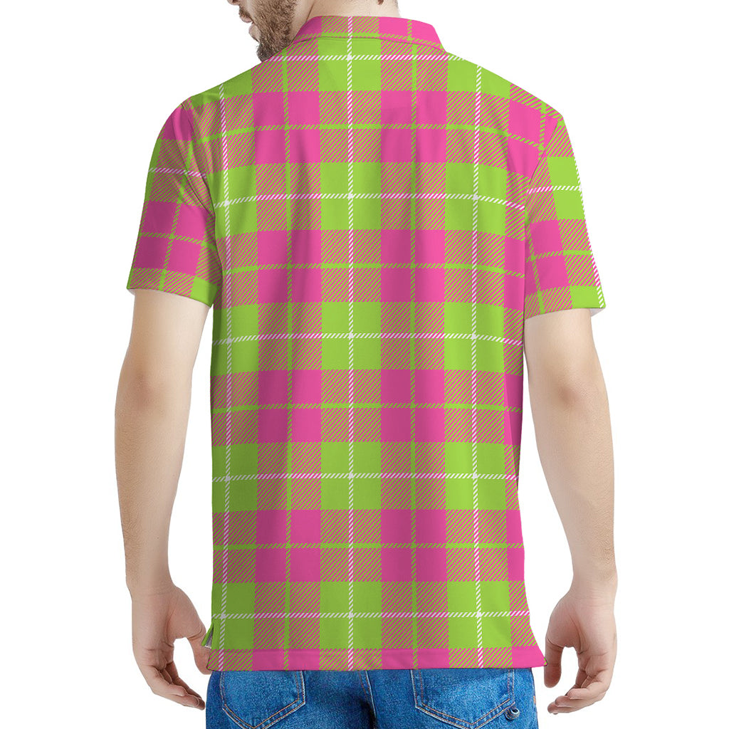 Pink Green And White Tartan Print Men's Polo Shirt