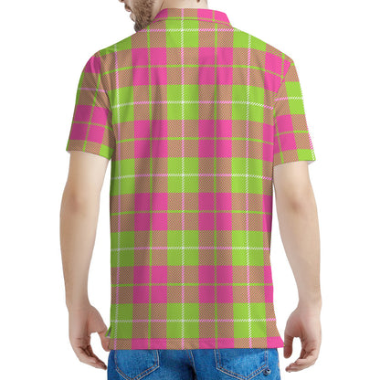 Pink Green And White Tartan Print Men's Polo Shirt
