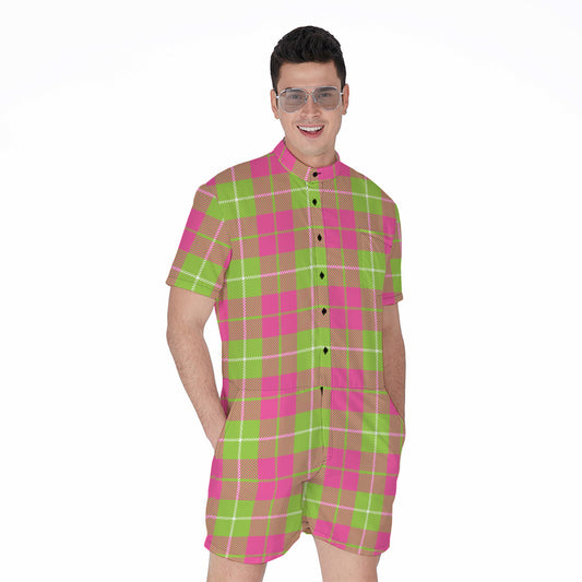 Pink Green And White Tartan Print Men's Rompers
