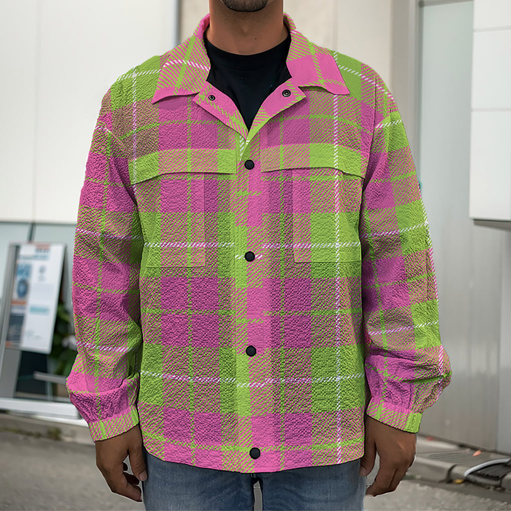 Pink Green And White Tartan Print Men's Shirt Jacket