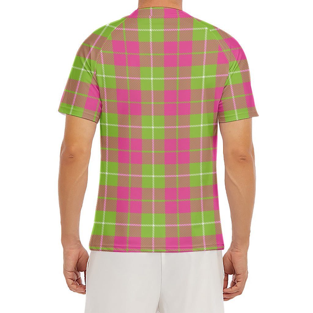 Pink Green And White Tartan Print Men's Short Sleeve Rash Guard