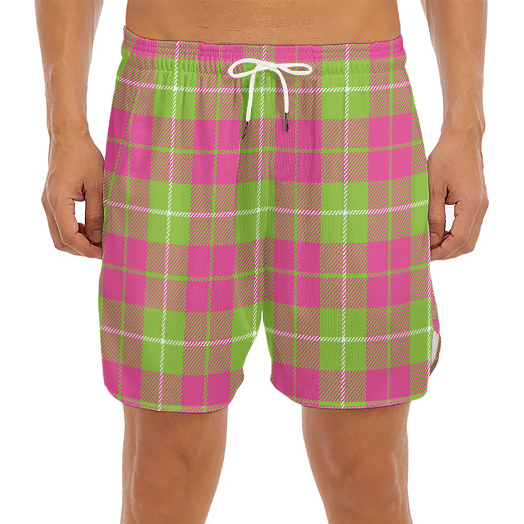 Pink Green And White Tartan Print Men's Split Running Shorts