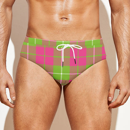 Pink Green And White Tartan Print Men's Swim Briefs