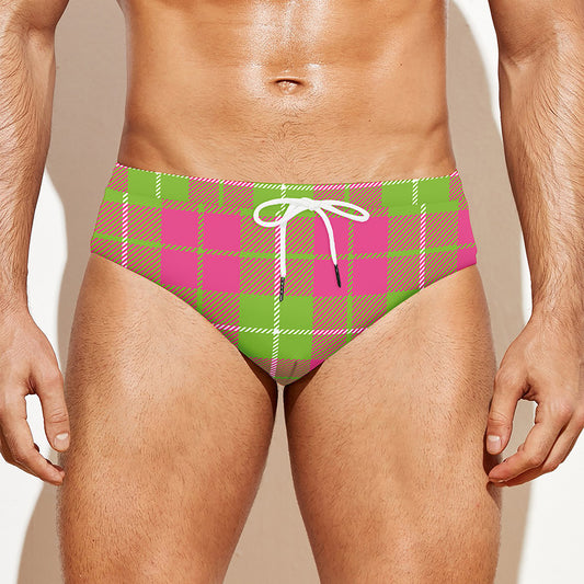 Pink Green And White Tartan Print Men's Swim Briefs