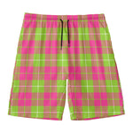 Pink Green And White Tartan Print Men's Swim Trunks
