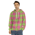Pink Green And White Tartan Print Men's Velvet Pullover Hoodie