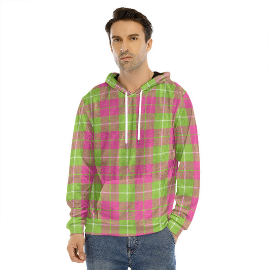 Pink Green And White Tartan Print Men's Velvet Pullover Hoodie
