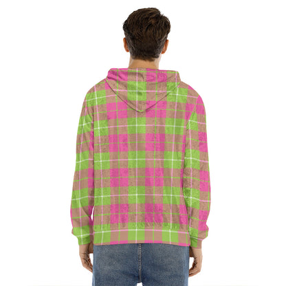 Pink Green And White Tartan Print Men's Velvet Pullover Hoodie