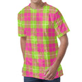 Pink Green And White Tartan Print Men's Velvet T-Shirt