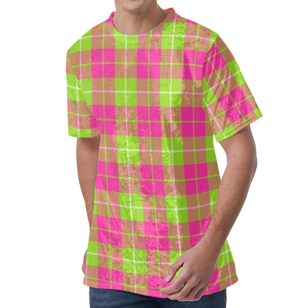 Pink Green And White Tartan Print Men's Velvet T-Shirt