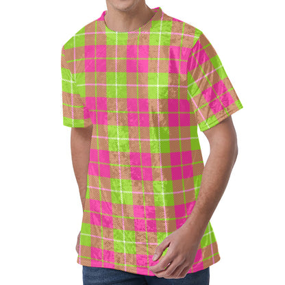 Pink Green And White Tartan Print Men's Velvet T-Shirt