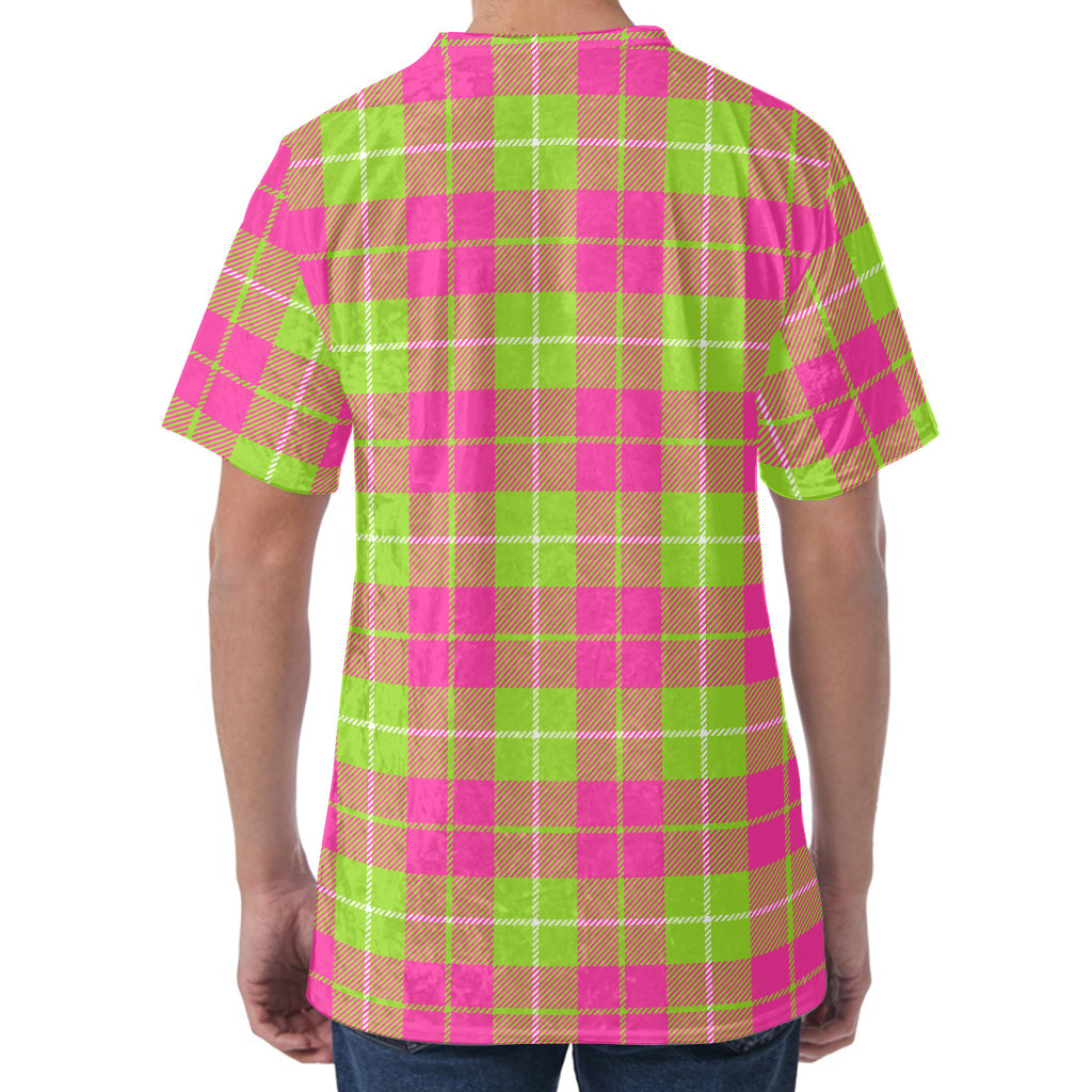 Pink Green And White Tartan Print Men's Velvet T-Shirt